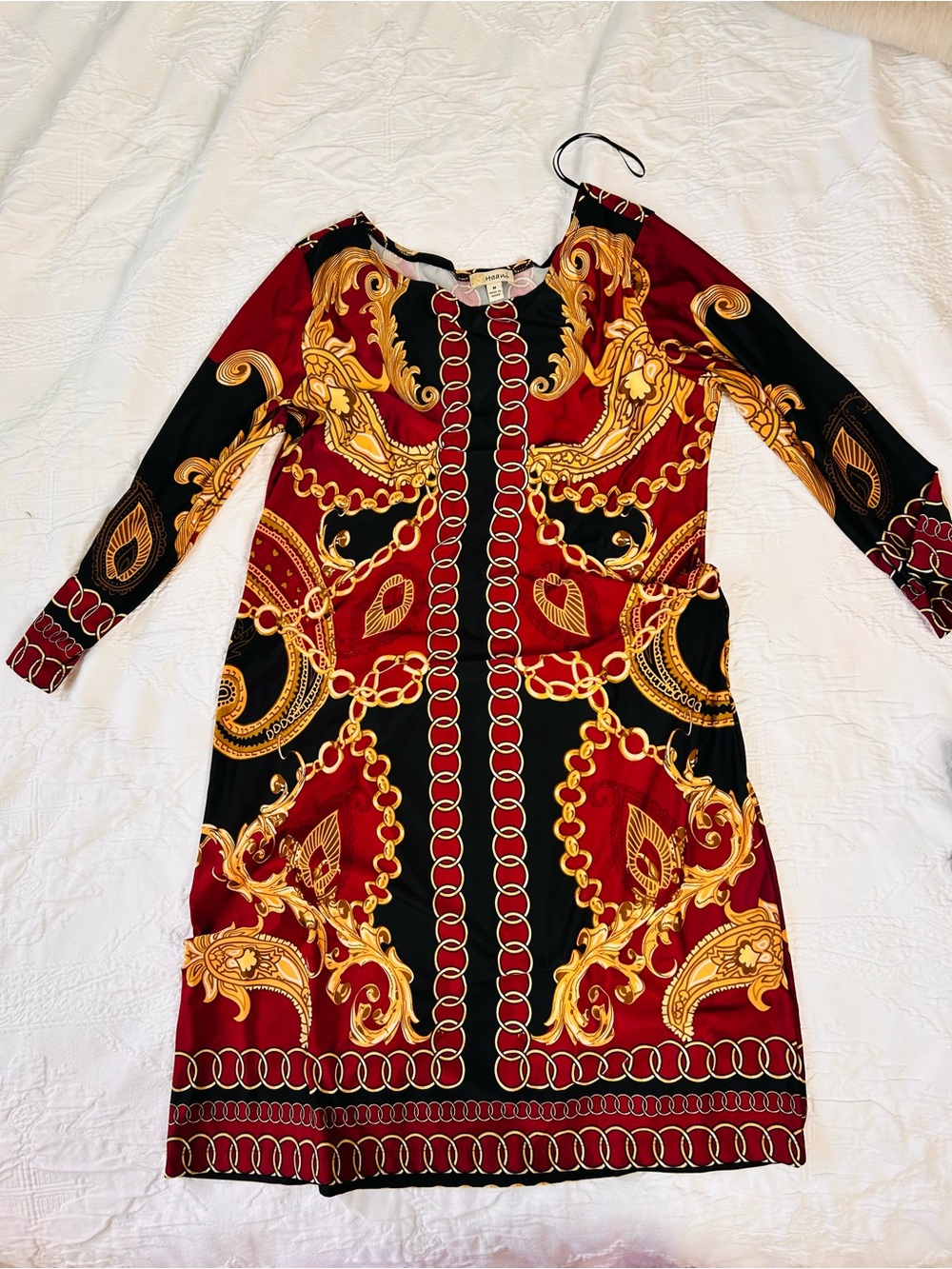 Haani Red, Black & Gold Baroque Chain-Print Long Sleeve Dress